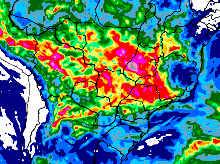 Previsão mostra chuvas intensas concentradas em pontos de Mato Grosso, Goiás, Mato Grosso do Sul, São Paulo e Minas Gerais nos próximos sete dias