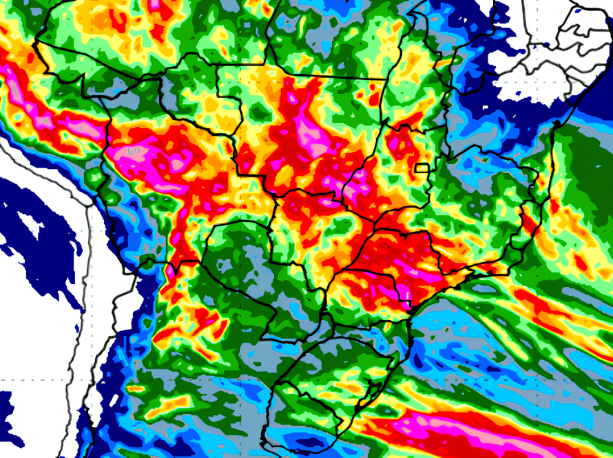 Maiores volumes de chuva nos próximos dias estão previstos sobre Mato Grosso, Goiás e São Paulo