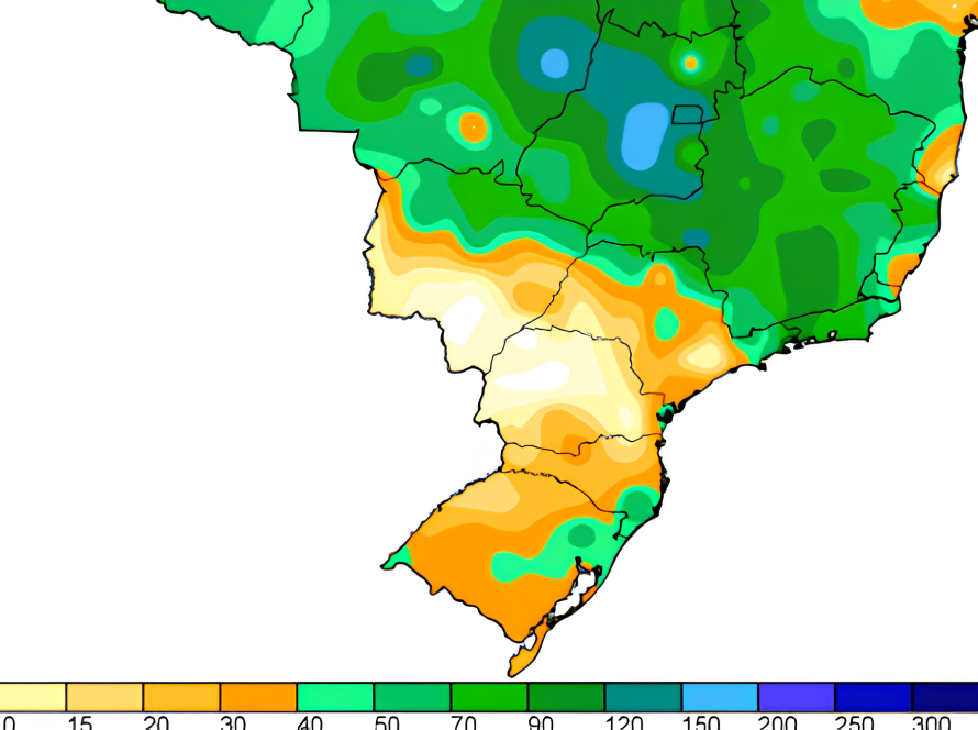 Monitoramento do Inmet mostra chuvas mais fracas em áreas de Mato Grosso do Sul e Paraná, e previsão é de anomalia negativa nos próximos dias