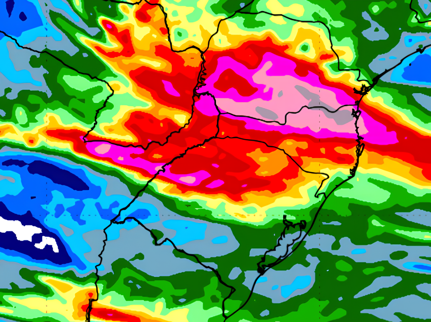 Inmet prevê acumulado de chuva em torno de 200 mm em sete dias sobre áreas do sul do Paraná e nordeste de Santa Catarina